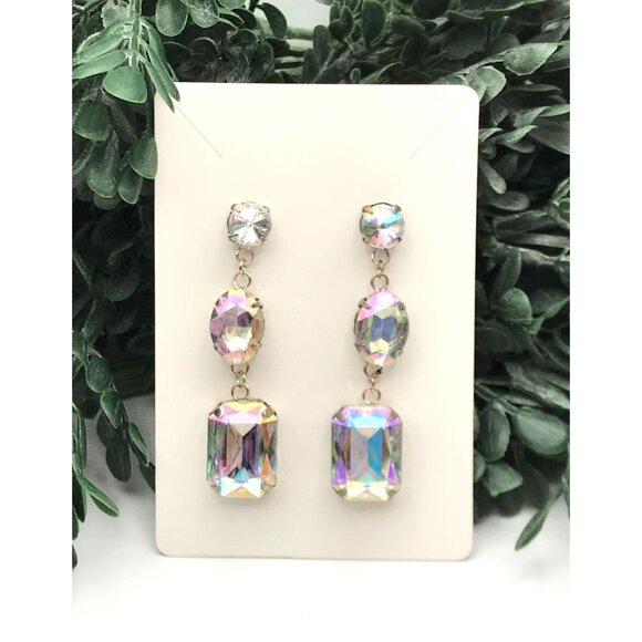 Vintage Style Iridescent Rhinestone Dangle Earrings Silver Tone 3-Tier Design Po - Picture 1 of 5